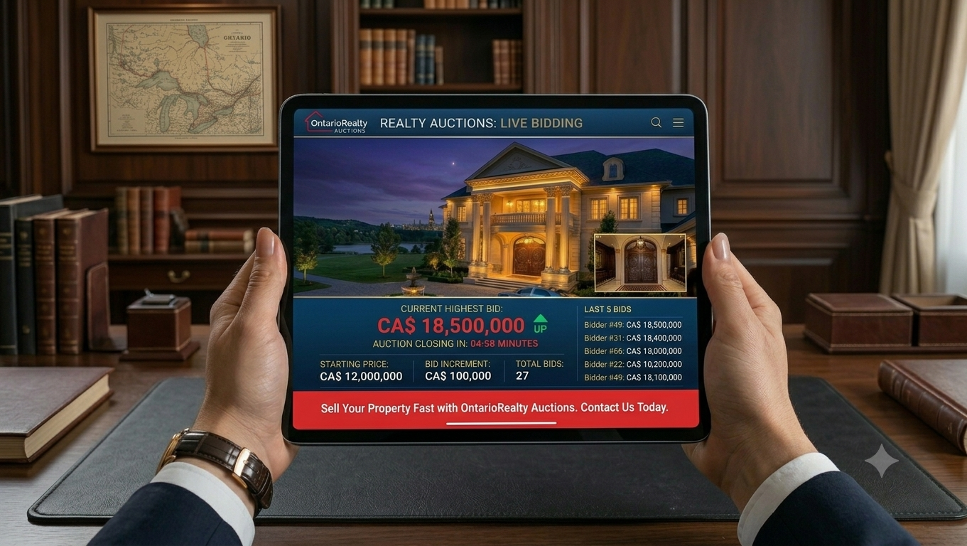 Digital tablet displaying a live real estate bid on a luxury property