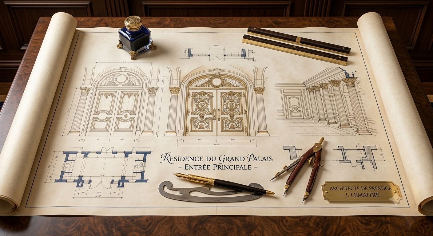 Architectural blueprint and pen
